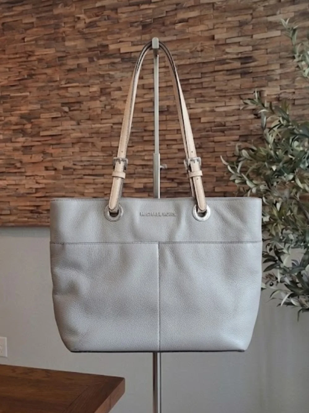 Michael Kors Pebbled Leather Tote in Light Gray with Beige Straps